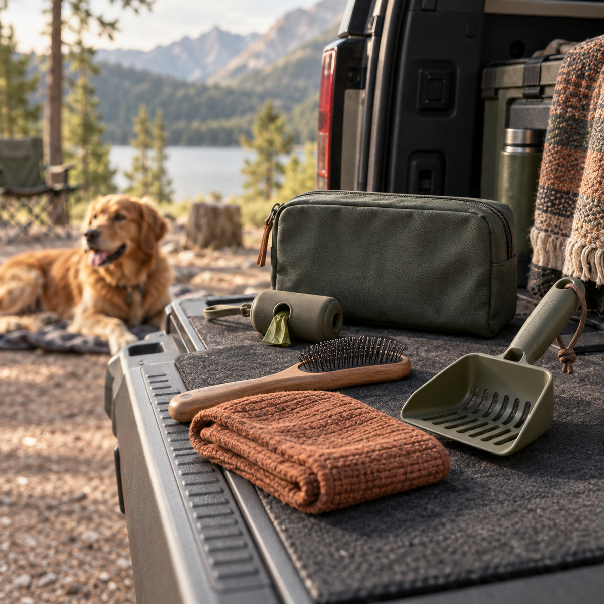 Dog travel cleanup and grooming tools arranged beside a parked vehicle