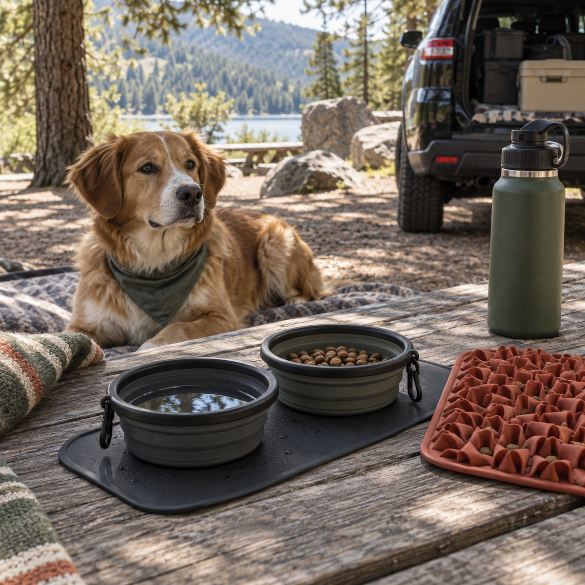 Portable dog bowls and feeding mats arranged at a campsite