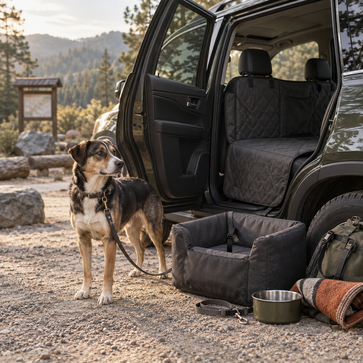Dog beside a parked vehicle with road-trip gear arranged at a trailhead