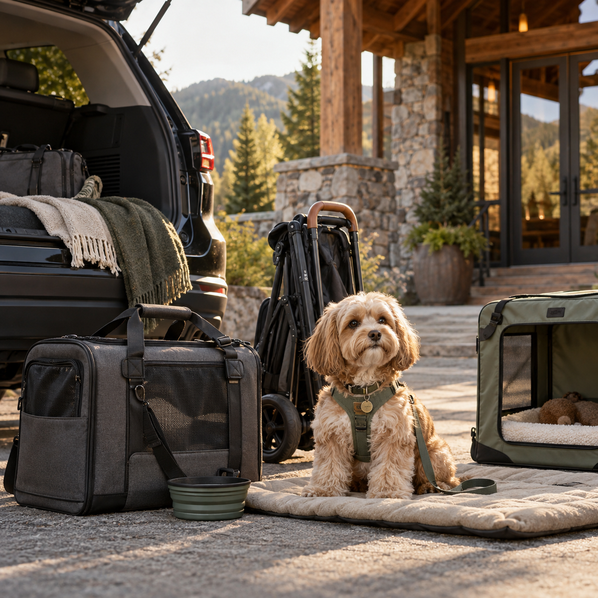 Small dog with carriers, a stroller, crate, and travel mat outside a lodge