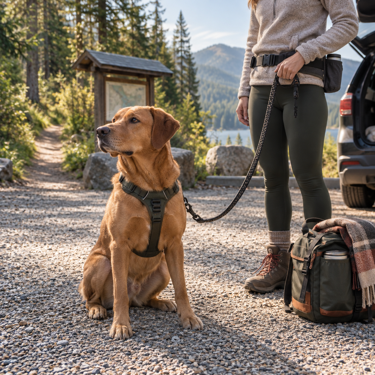 Dog in a harness with walking gear at a wooded trail stop
