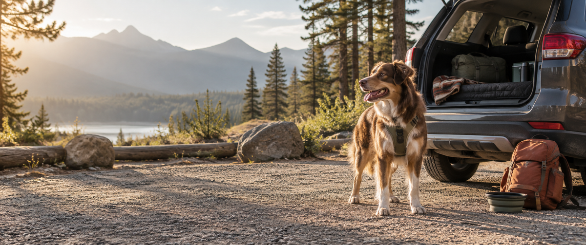 Dog beside an open vehicle prepared for a road trip at a quiet trailhead