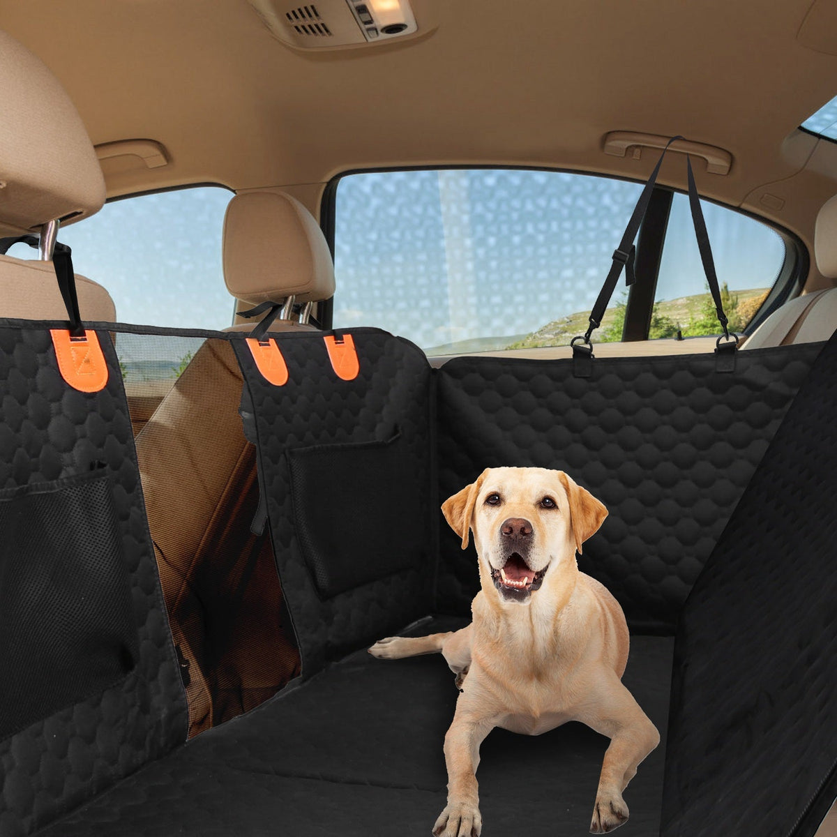 Backroad Bridge dog car cover installed across a vehicle back seat